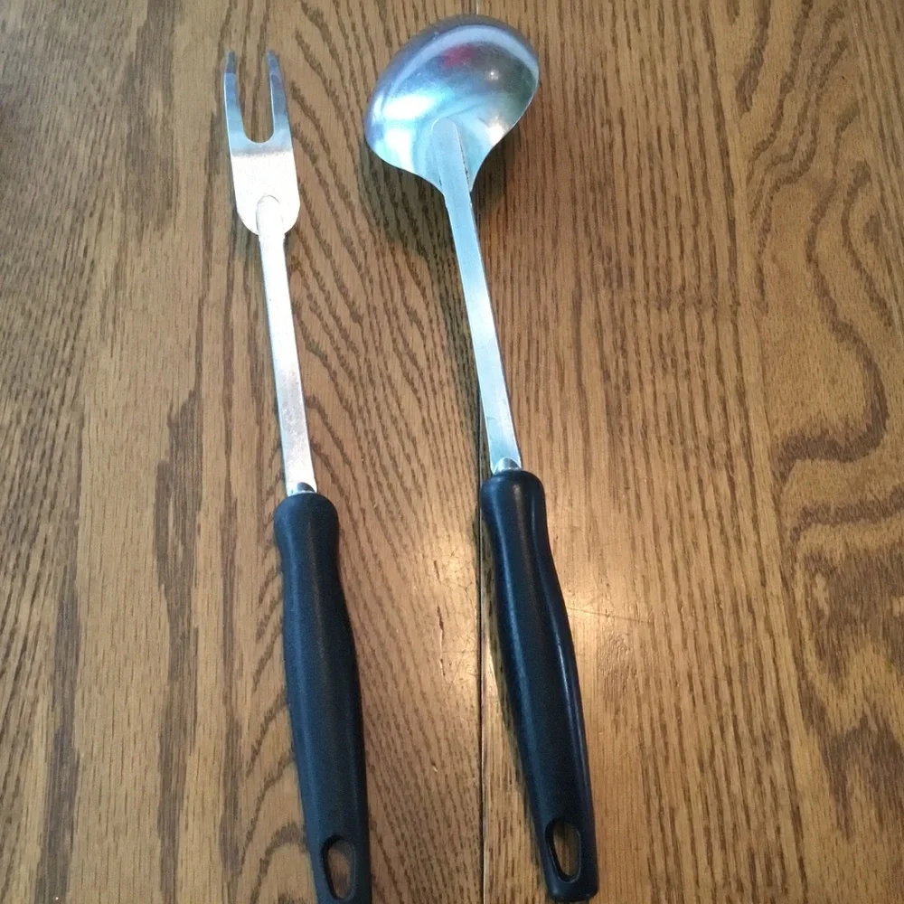 Vintage EKCO Large Spoon Meat Fork set, Light wood look handles